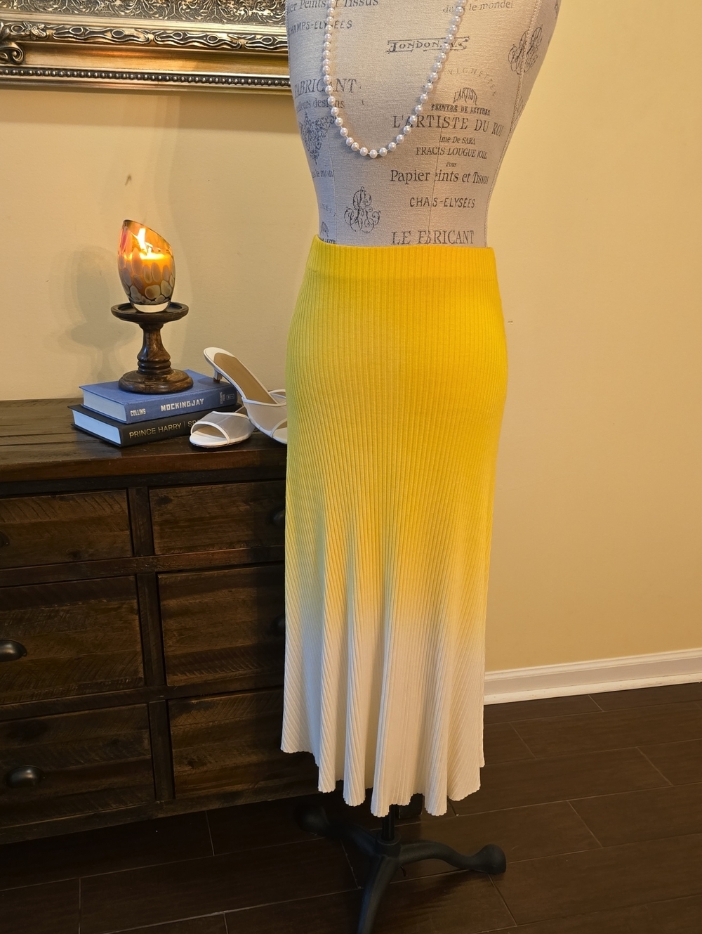 NWOT Zara Yellow to White Ombre Ribbed Knit Midi Skirt